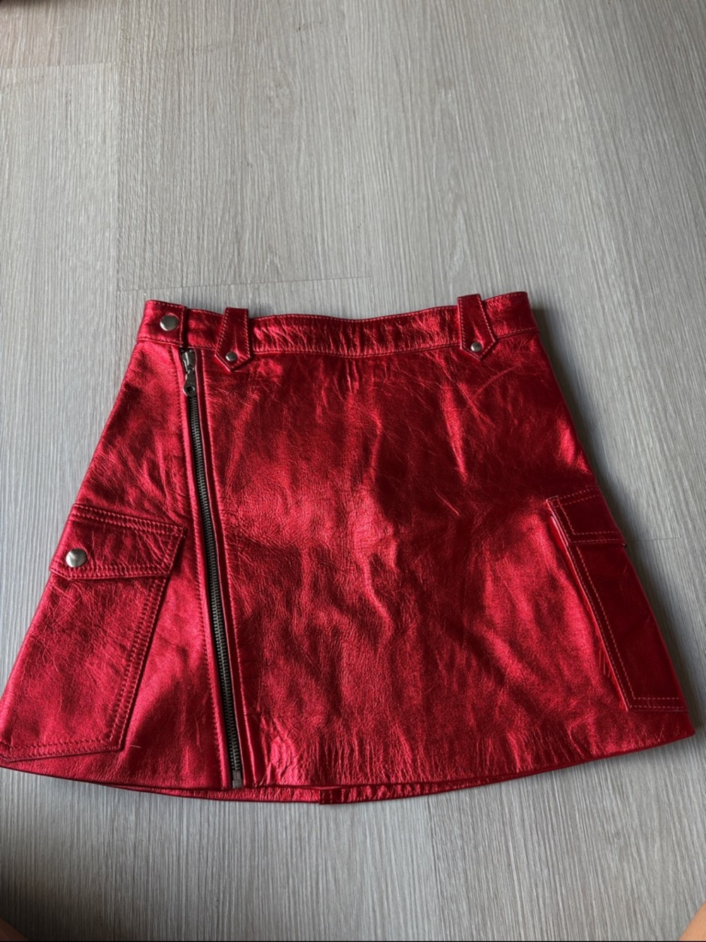 Free People Metallic Red Mini Skirt with Zip & Cargo Pockets